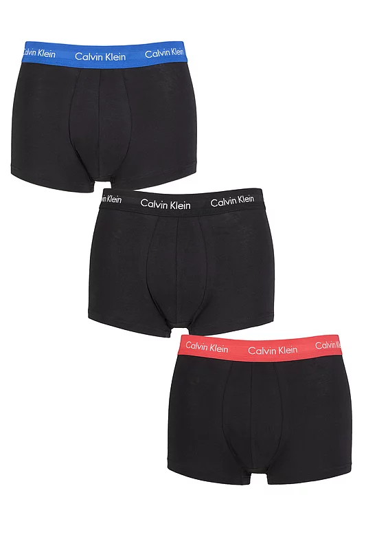 Mens 3 Pair Calvin Klein Low Rise Trunks Blue / Strawberry Field / Black Extra Small