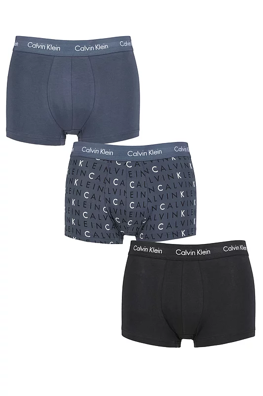 Mens 3 Pair Calvin Klein Low Rise Trunks Hemisphere Blue / Subdued Logo / Black XL