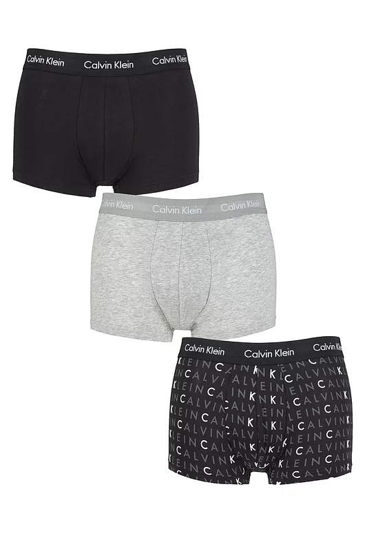 Mens 3 Pair Calvin Klein Low Rise Trunks Black / Grey / Logo Extra Large