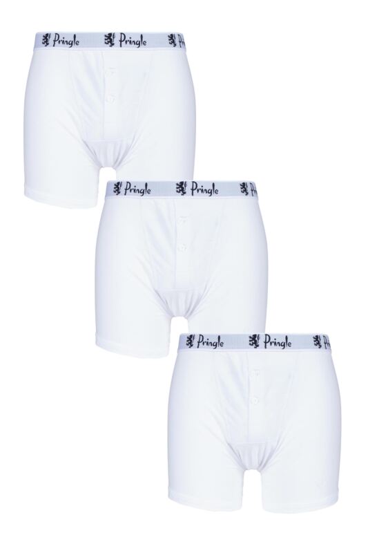 Mens 3 Pack Pringle William Button Front Cotton Boxer Shorts White / Black Small