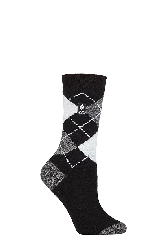 Women's 1 Pair SOCKSHOP Heat Holders 1.0 TOG Ultralite Striped, Argyle & Patterned Socks Valletta Argyle Black / Grey 4-8 Ladies