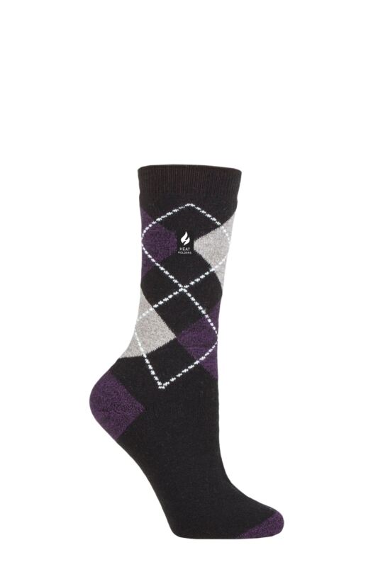Women's 1 Pair SOCKSHOP Heat Holders 1.0 TOG Ultralite Striped, Argyle & Patterned Socks Valletta Argyle Black / Purple 4-8 Ladies