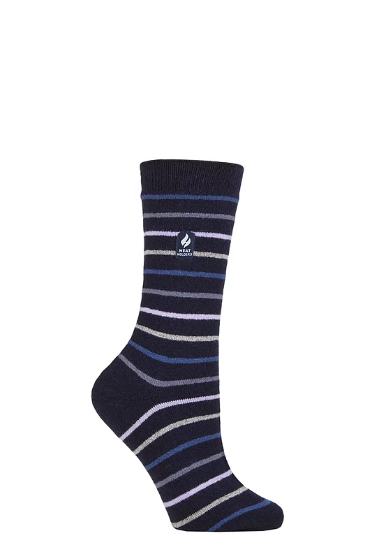 Women's 1 Pair SOCKSHOP Heat Holders 1.0 TOG Ultralite Striped, Argyle & Patterned Socks Riga Stripe Navy 4-8 Ladies