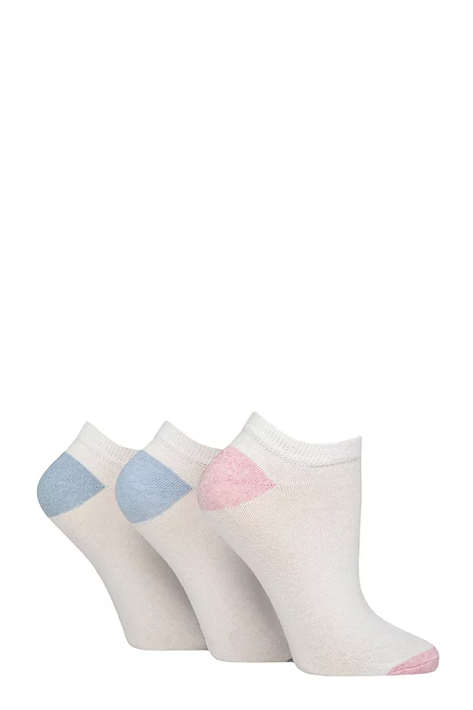 Women's 3 Pair SOCKSHOP TORE 100% Recycled Heel and Toe Cotton Trainer Socks White Pink / Blue / Denim 4-8