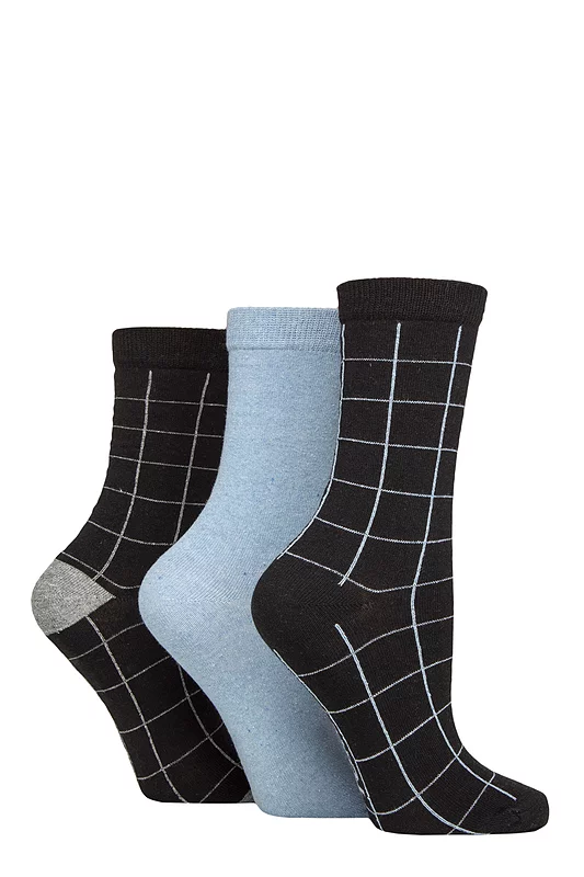 Women's 3 Pair SOCKSHOP TORE 100% Recycled Cotton Grid Patterned Socks Black / Blue 4-8