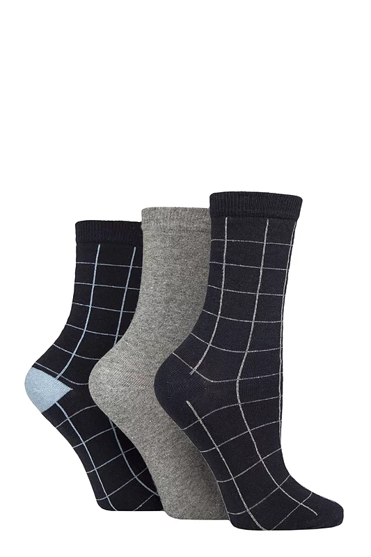 Women's 3 Pair SOCKSHOP TORE 100% Recycled Cotton Grid Patterned Socks