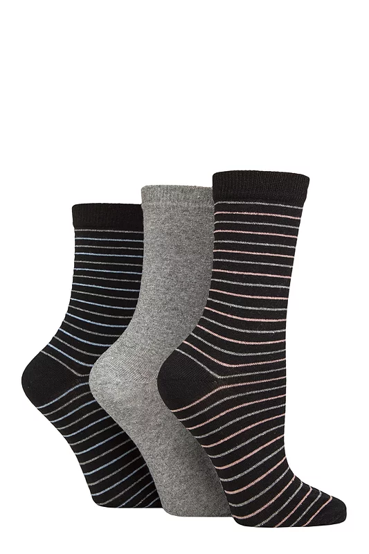 Women's 3 Pair SOCKSHOP TORE 100% Recycled Multi Stripe Patterned Cotton  Socks Multi Stripe Black / Grey 4-8