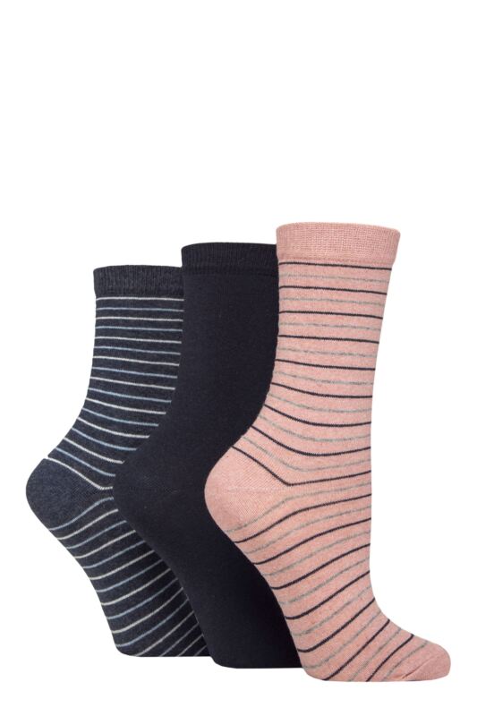 Women's 3 Pair SOCKSHOP TORE 100% Recycled Multi Stripe Patterned Cotton  Socks Multi Stripe Pink / Navy / Blue 4-8