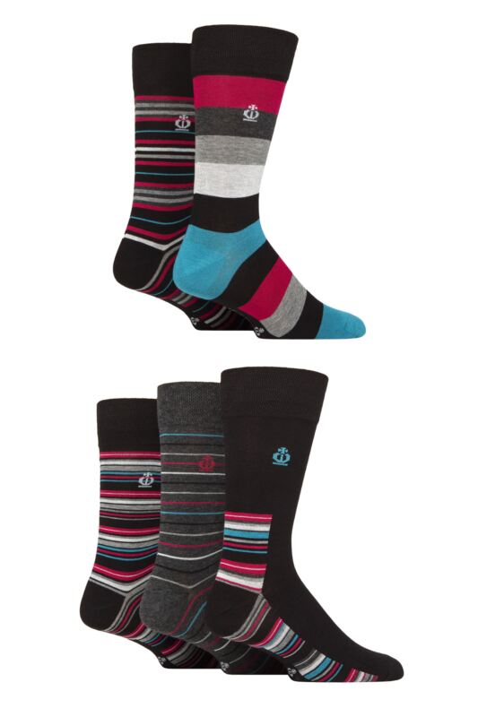Mens 5 Pair Jeff Banks Striped and Patterned Bamboo and Cotton Blend Socks Stripe Black / Multi 6-11