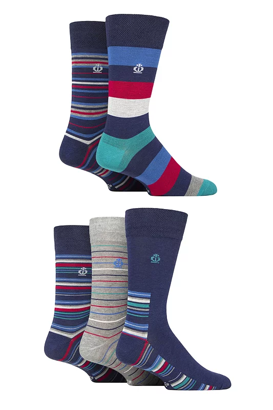 Mens 5 Pair Jeff Banks Striped and Patterned Bamboo and Cotton Blend Socks Stripe Navy / Multi 6-11