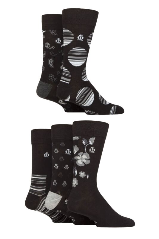 Mens 5 Pair Jeff Banks Striped and Patterned Bamboo and Cotton Blend Socks Pattern Black / Charcoal 6-11