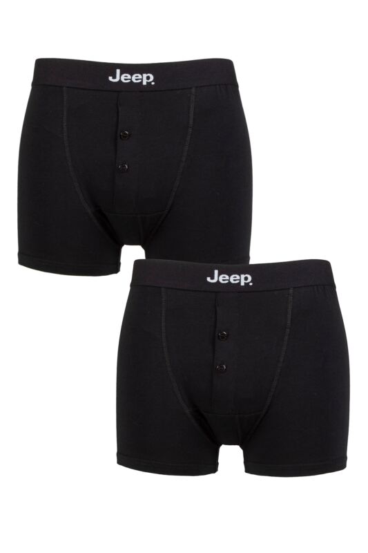 Mens 2 Pack Jeep Cotton Plain Fitted Button Front Trunk Boxer Shorts Black / Black S