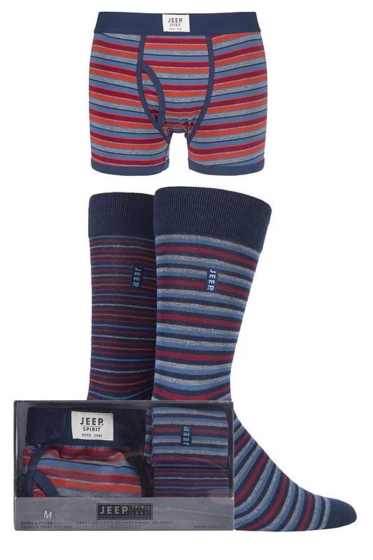 Mens 3 Pack Jeep Spirit Gift Boxed Striped Trunks and Socks Navy / Red / Grey S