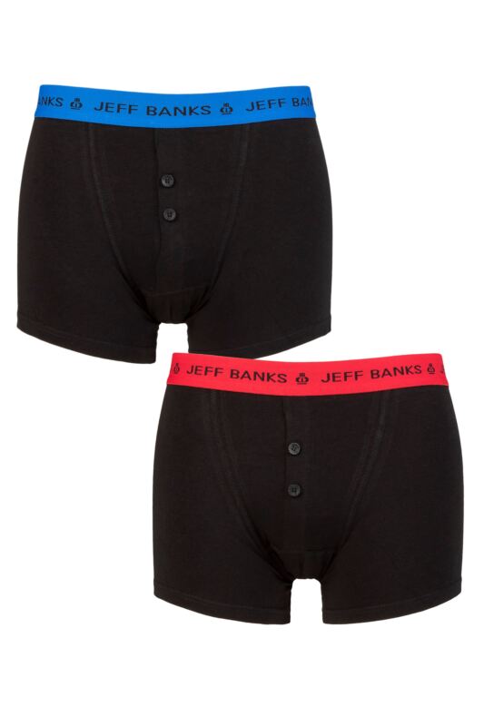 Mens 2 Pack Jeff Banks Plymouth Button Cotton Boxer Shorts Black Blue / Red S