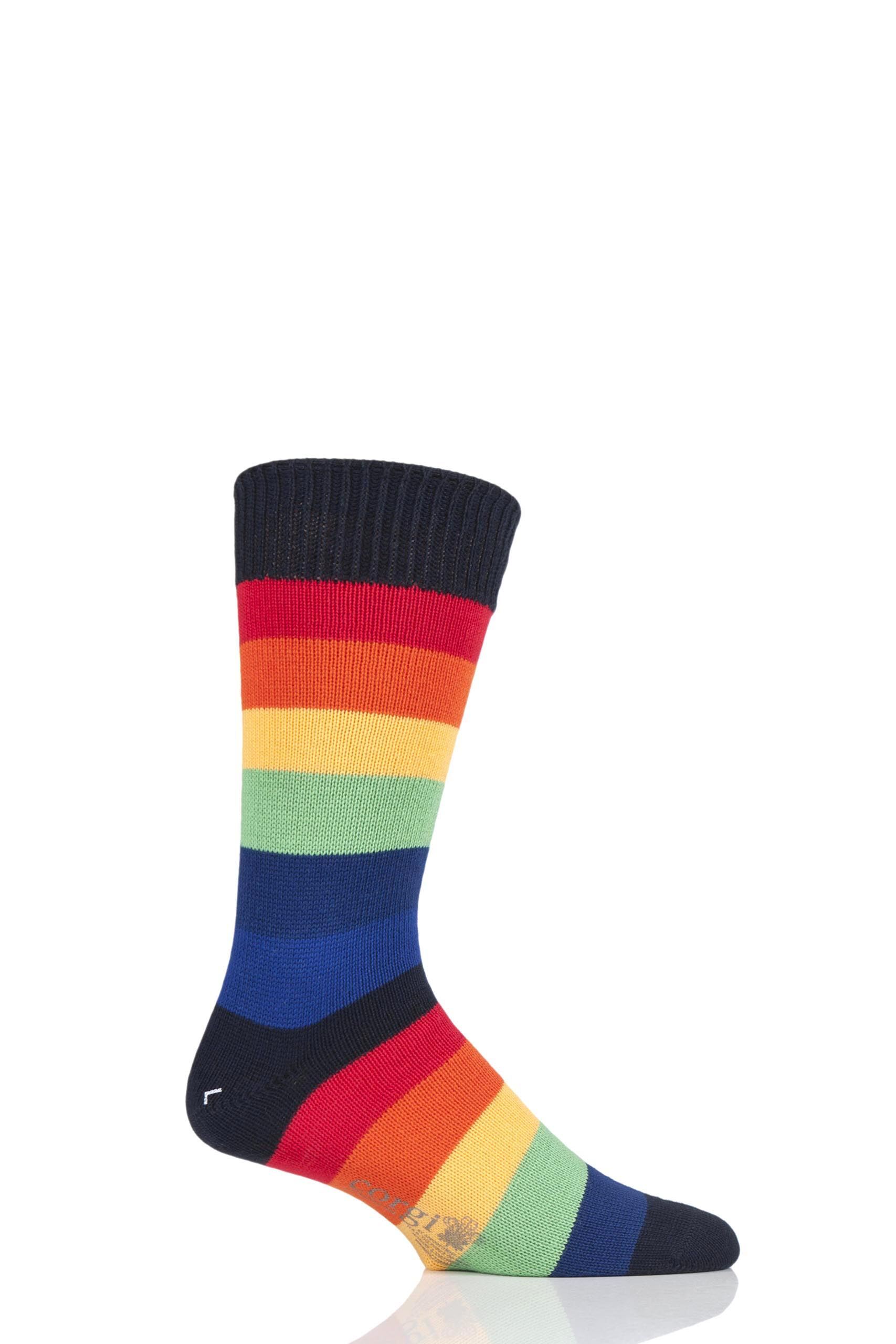 Image of 1 Pair Navy Multi 100% Cotton Wide Striped Socks Men's 10-12 Mens - Corgi