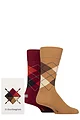 Mens 2 Pair Burlington Argyle Gift Boxed Cotton Socks - Burgundy / Tan