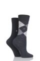 Ladies 2 Pair Burlington Everyday Mix Plain and Argyle Cotton Socks - Black / Grey
