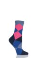 Ladies 1 Pair Burlington Bonnie Cotton All Over Blend Argyle Socks - Navy Neon