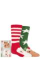 Boys and Girls 2 Pair Totes Chunky Christmas Novelty Slipper Socks with Pom Pom Detail - Santa / Pudding