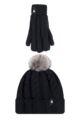 Kids 1 Pack SOCKSHOP Heat Holders Cable Turn Over Pom Pom Hat & Gloves - Black