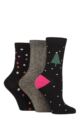 Ladies 3 Pair Caroline Gardner Christmas Patterned Cotton Socks - Black Tree/ Glitter / Spot