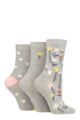 Ladies 3 Pair Caroline Gardner Patterned Cotton Socks - Floral Light Grey