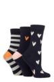 Ladies 3 Pair Caroline Gardner Patterned Cotton Socks - Navy Stripe & Heart