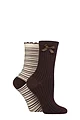 Women's 2 Pair Charnos Sparkle Stripe and Rib Bow Socks - Chocolate