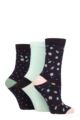 Ladies 3 Pair Glenmuir Patterned Bamboo Socks - Flowers Navy