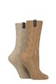 Ladies 2 Pair Glenmuir Classic Fashion Boot Socks - Cable Knit Brown / Light Brown