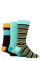 Mens 3 Pair Glenmuir Striped Bamboo Socks - Black Turquoise / Yellow Small Stripes