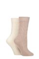 Ladies 2 Pack Pringle Cashmere and Merino Wool Blend Luxury Socks - Cable Knit Light Brown / Snow