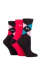 Ladies 3 Pair Pringle Louise Argyle Cotton Socks - Black Pink / Teal