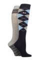 Ladies 2 Pair Pringle Country and Equestrian Cotton Knee High Socks - Argyle / Stripe Navy