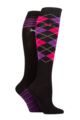 Ladies 2 Pair Pringle Country and Equestrian Cotton Knee High Socks - Argyle / Stripe Black