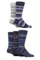Mens 5 Pair Farah Plain, Striped and Patterned Everyday Bamboo Socks - Stripe and Dots Navy / Purple
