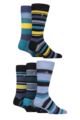 Mens 5 Pair Farah Plain, Striped and Patterned Everyday Bamboo Socks - Striped Dark Navy / Yellow / Teal
