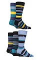 Mens 5 Pair Farah Plain, Striped and Patterned Everyday Bamboo Socks - Striped Dark Navy / Yellow / Teal