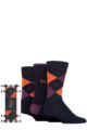 Mens 3 Pair Pringle Argyle Patterned and Plain Gift Boxed Cotton Socks - Navy Orange / Purple