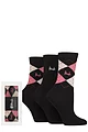 Women's 3 Pair Pringle Gift Boxed Louise Plain and Argyle Cotton Socks - Black / Pink