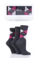 Ladies 3 Pair Pringle Gift Boxed Louise Plain and Argyle Cotton Socks - Charcoal