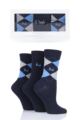 Ladies 3 Pair Pringle Gift Boxed Louise Plain and Argyle Cotton Socks - Navy