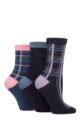 Ladies 3 Pair Pringle Tartan Cotton Lurex Socks with Gift Tag - Navy