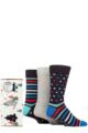 Mens 3 Pair SOCKSHOP Wildfeet Tree Gift Boxed Bamboo Socks - Navy / Grey Stripes & Squares