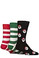 Mens 3 Pair SOCKSHOP Wildfeet Bamboo Christmas Patterned Socks with Gift Tag - Santa Face & Stripes