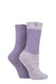 Ladies 2 Pair Jeep Wool Blend Cable Knit Boot Socks - Lilac / Cream