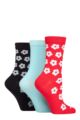 Ladies 3 Pair SOCKSHOP Wildfeet Patterned Bamboo Socks - Flowers Red / Blue / Navy