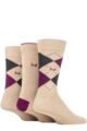 Mens 3 Pair Pringle Bamboo Cotton Blend Argyle Socks - Beige / Wine / Charcoal