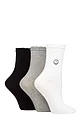 Women's 3 Pair SOCKSHOP Wildfeet Mid Length Frill Top Embroidered Socks - White / Grey / Black Smiley
