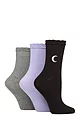 Women's 3 Pair SOCKSHOP Wildfeet Mid Length Frill Top Embroidered Socks - Black / Lilac / Charcoal Moon